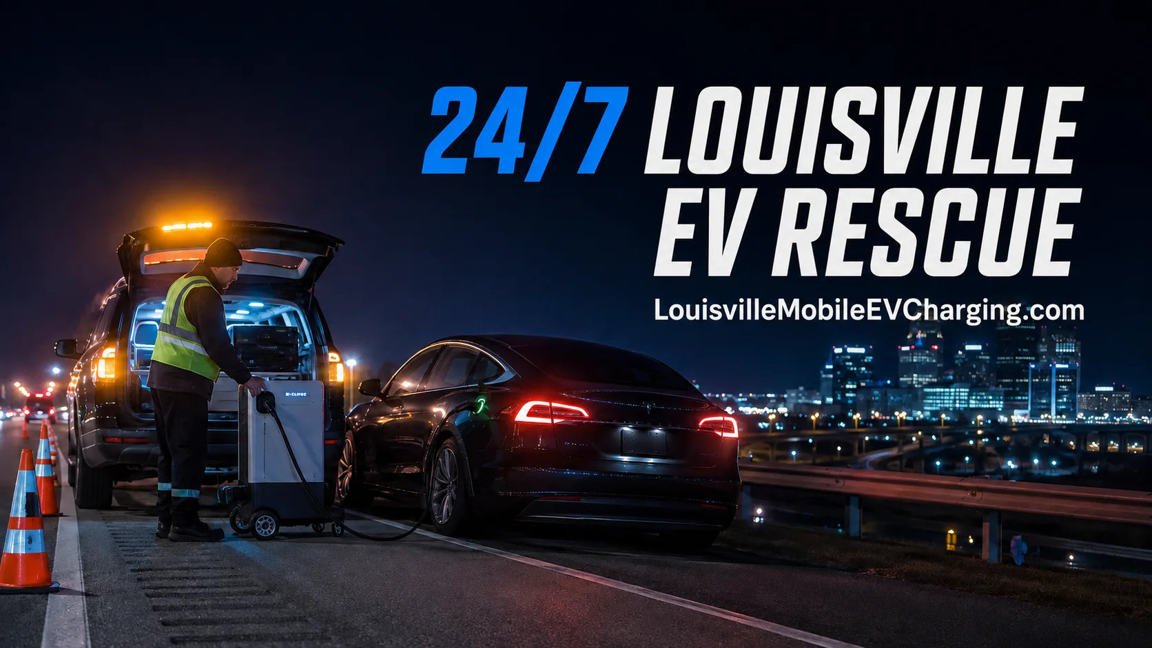 Emergency mobile EV charging along a Louisville-area highway at night