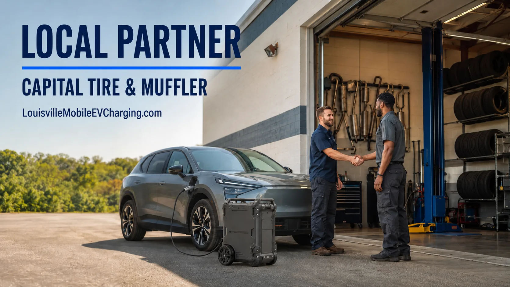 Mobile EV charging and independent automotive service partnership illustration