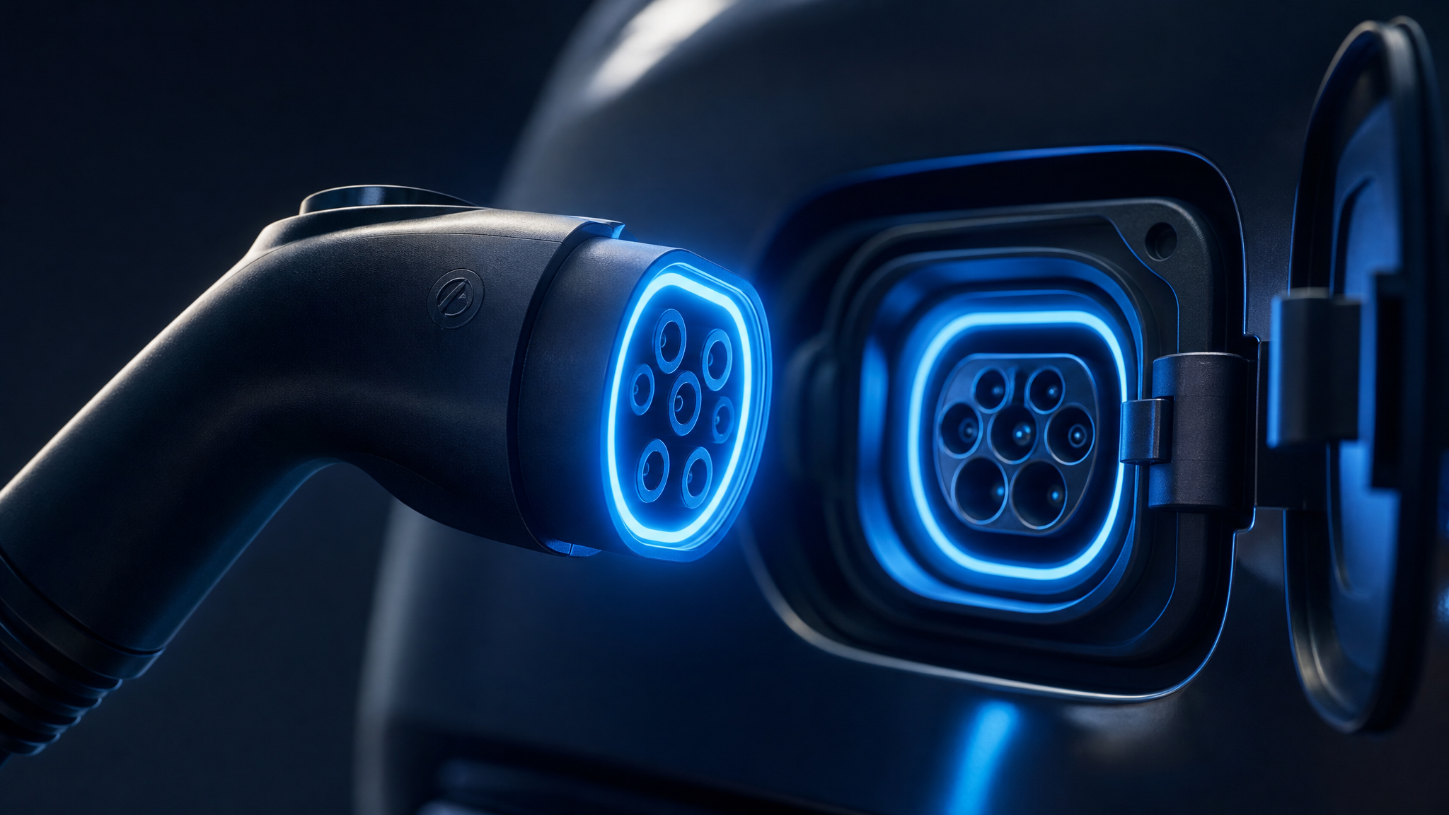 Glowing SAE J1772 EV charging connector near a vehicle charge port
